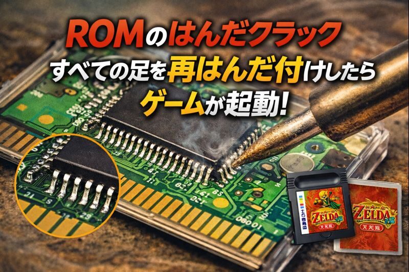 ゲームボーイカラーのゼルダが起動しない原因だったROMのはんだクラックをコテで再はんだ付けして修理している様子